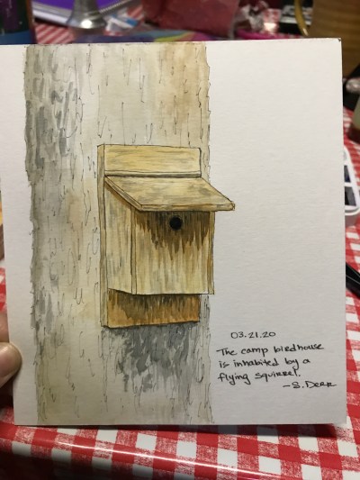 painting of a bird house on a tree